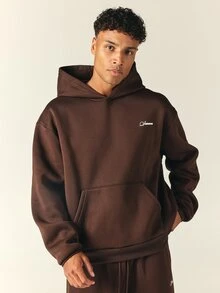 SUMWON Oversized Pullover Hoodie With Script Logo Embroidery Centre Pocket Long Sleeve Autumn Winter Casual Streetwear - Brown - View 1