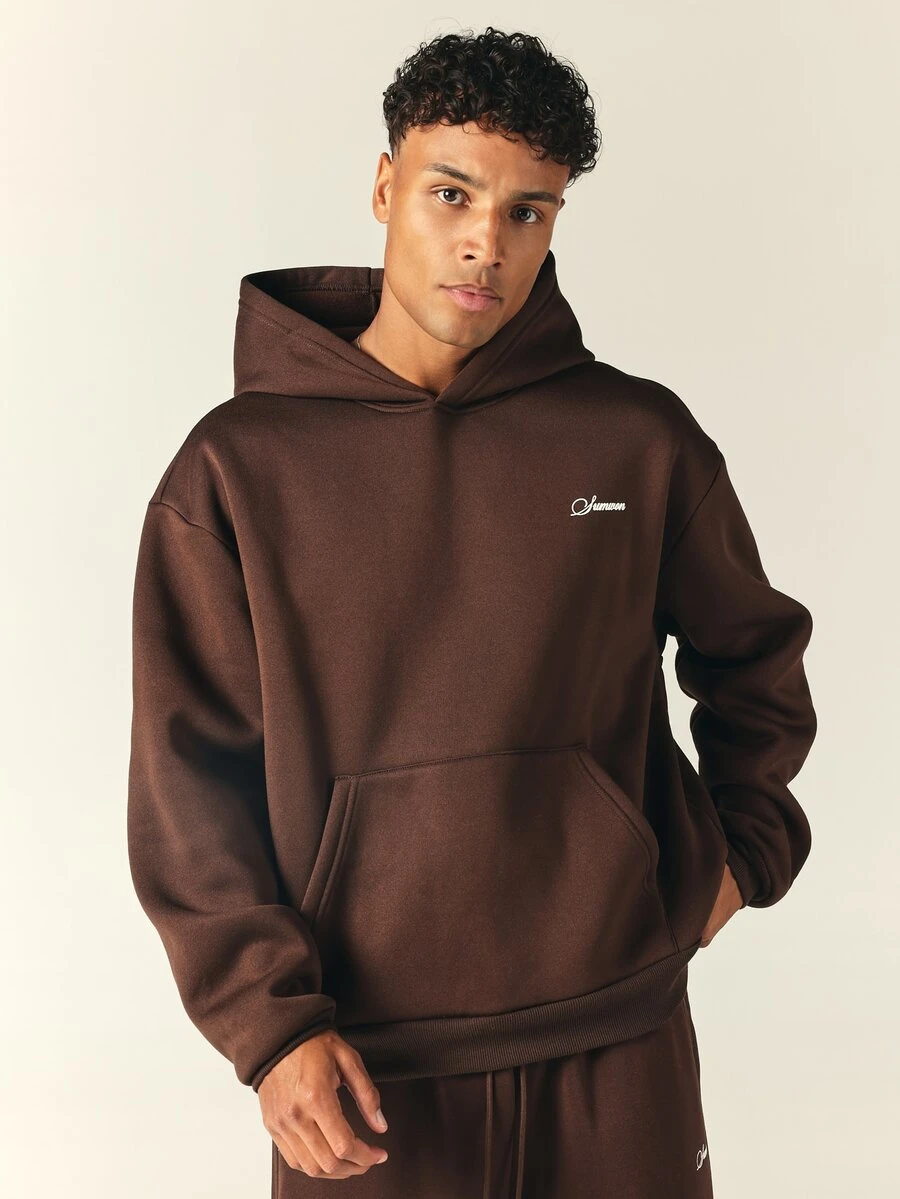 SUMWON Oversized Pullover Hoodie With Script Logo Embroidery Centre Pocket Long Sleeve Autumn Winter Casual Streetwear - Brown - View 1