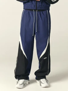 SUMWON Wide Leg Track Pants With Color Block Design And Contrast Piping Drawstring Waist Elastic Ankle Cuffs - Black - View 4