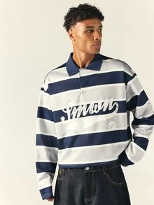 SUMWON Kemeja Polo Rugby Lengan Panjang Longgar dengan Potongan Boxy, Garis Horizontal, dan Logo Grafis Bergaya Vintage di Bagian Dada, Atasan Pullover Berkerah - MultiWarna - View 4