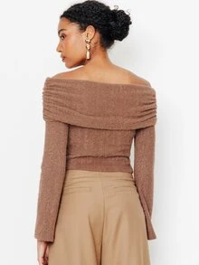 Pimkie Edition Atasan Rajut Bergaris Cokelat Tanpa Bahu untuk Wanita, Pakaian Kasual Sehari-hari - Coklat - View 2