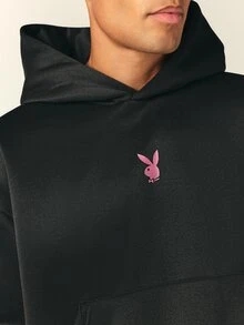 PLAYBOY X SUMWON Crop Fit Not Boyfriend Material Oversized Hoodie With Back Slogan Print And Bunny Logo For Fall Winter Casual Streetwear - Black - View 5