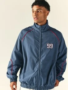SUMWON Varsity Windbreaker Jacket With Full-Zip Closure Oversized Fit Contrast Red Piping Collegiate Back Graphic And Elastic Hem - Dusty Blue - View 4