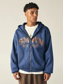 SUMWON New York Full-Zip Oversized Hoodie With Distressed Text Print Long Sleeve Ribbed Hem Casual Fall Winter Layering Sweatshirt Jacket - Blue - View 4