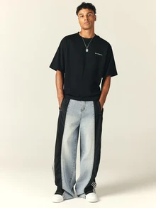 SUMWON Oversized Crew Neck Short Sleeve Solid Black T-Shirt With Small Chest Logo Print, Relaxed Casual Everyday Essential Tee - Black - View 3