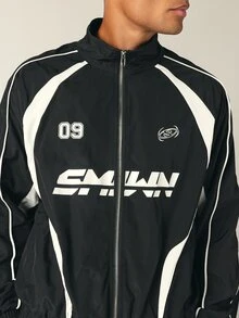 SUMWON 09 Windbreaker Jacket Full Zip Mandarin Collar White Contrast Panel Piping Long Sleeve Hip Length Regular Fit - Black and White - View 5