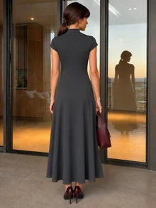 OverBlushhh Women's Grey Mock Neck Long Dress, Elegant, Office, Business, Workwear, Fall - Dark Grey - View 3