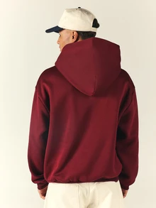 PLAYBOY X SUMWON Oversized Pullover Hoodie With Script Logo Print And Bunny Sheild Graphic On Solid Fleece Long Sleeve Top - Burgundy - View 2