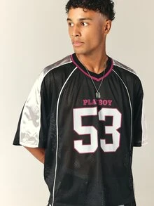PLAYBOY X SUMWON Number 53 Oversized Mesh Football Jersey V-Neck With Contrast Silver Panels And Burgundy Trim - Black - View 1