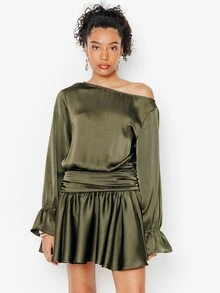 Pimkie Edition Women's Asymmetrical Neck Pleated Casual Short Dress For Daily Wear In Summer - Dark Green - View 1