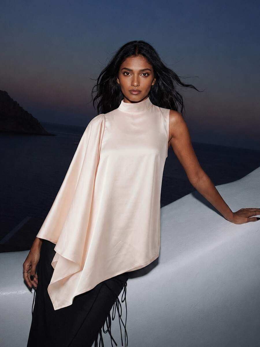 Zerodot Atasan Wanita Satin Warna Champagne Asimetris Elegan untuk Pesta, Acara Santai Musim Semi dan Gugur - Aprikot - View 1