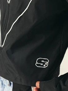 SUMWON Black Zip-Up Collared Jacket With White Contrast Piping And Logo Detail Long Sleeve Streetwear Coach Jacket - Black - View 6