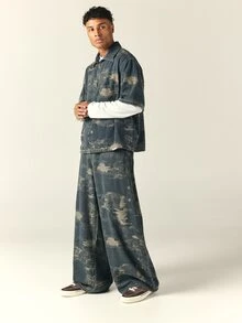 SUMWON Wide Leg Vintage Washed Denim Jeans With Abstract Distressed Pattern Full Length Relaxed Fit Baggy Trousers Fall Winter Streetwear - Blue - View 3