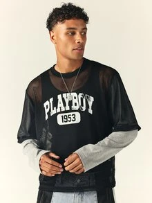 PLAYBOY X SUMWON 1953 Oversized Mesh Crew Neck Short Sleeve Top With Varsity Chest Print Summer Festival Street Style - Multicolor - View 4