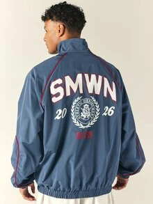 SUMWON Varsity Windbreaker Jacket With Full-Zip Closure Oversized Fit Contrast Red Piping Collegiate Back Graphic And Elastic Hem - Dusty Blue - View 1