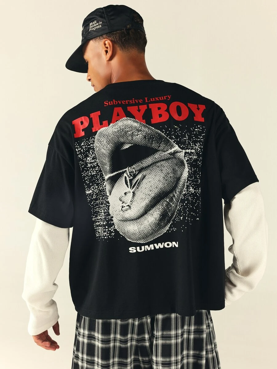 PLAYBOY X SUMWON Subversive Luxury Oversized Crew Neck Graphic Back Print Short Sleeve T-Shirt - Black - View 1