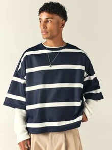 SUMWON Oversized Boxy Crop T-Shirt With Bold Horizontal Stripes And Crew Neck Short Sleeve Casual Summer Top - Multicolor - View 4