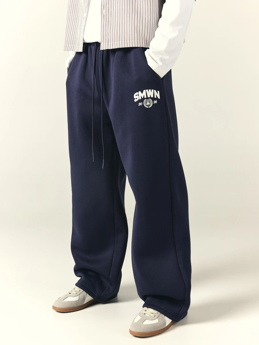 SUMWON Collegiate Sheild Wide Leg Sweatpants With Drawstring Waist And Varsity Logo Print For Fall Winter - Blue - View 1