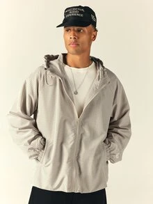 SUMWON Oversized Hooded Windbreaker Jacket With Full Zip Closure Checked Pattern Elasticated Cuffs Hip Length Lightweight Outerwear For Fall Winter - Khaki - View 1