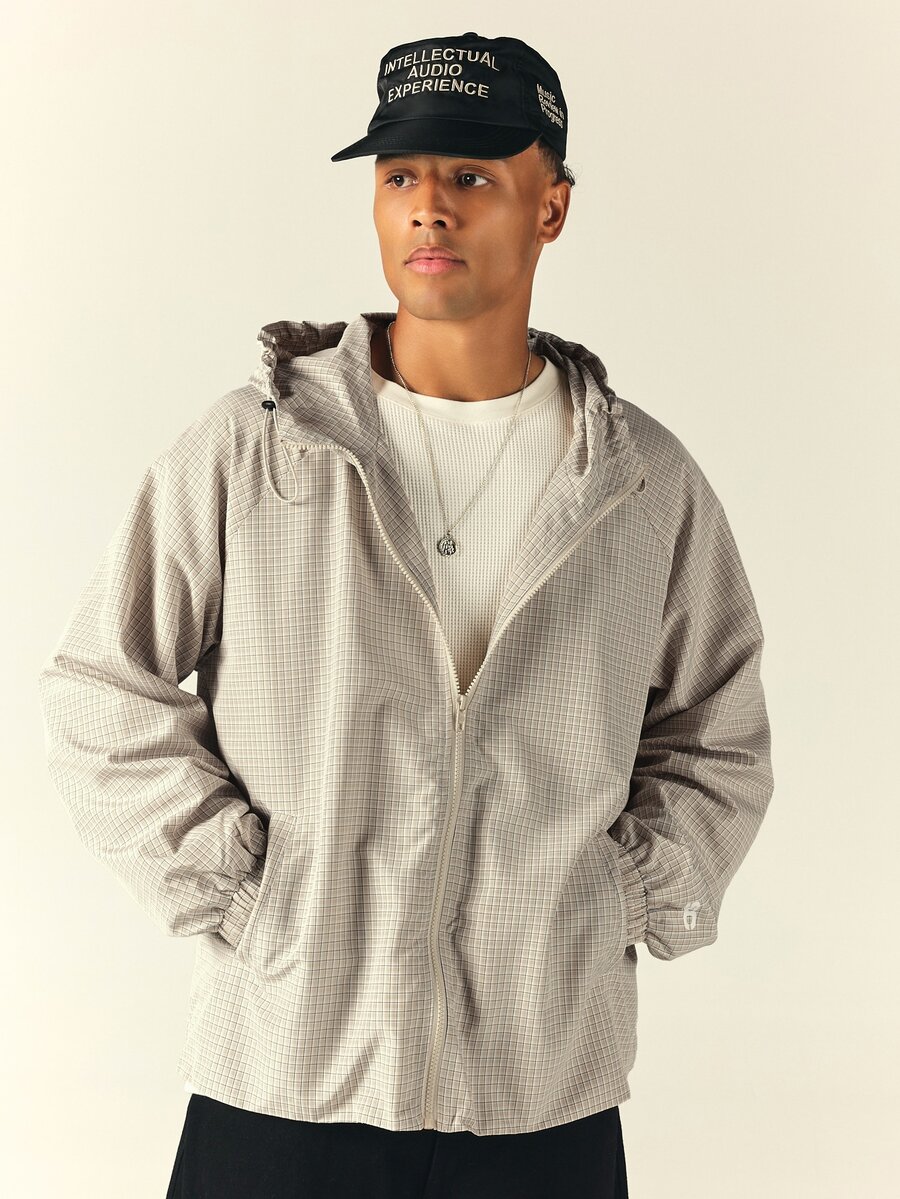 SUMWON Oversized Hooded Windbreaker Jacket With Full Zip Closure Checked Pattern Elasticated Cuffs Hip Length Lightweight Outerwear For Fall Winter - Khaki - View 1