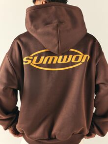 SUMWON Regular Oversized Pullover Hoodie With Large Back Logo Print Single Centre Pocket Casual Streetwear Fall Winter - Brown - View 1