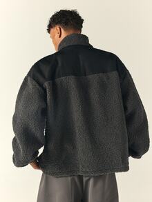 SUMWON Oversized Sherpa Fleece Full-Zip Jacket With Contrast Black Panel Chest Pocket And Gothic Logo Embroidery For Winter - Grey - View 2