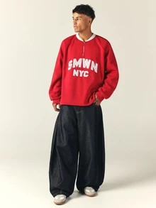 SUMWON Boxy Fit NYC Varsity Applique Half Zip Sweatshirt Oversized Collegiate Pullover Crew Neck Long Sleeve Fall Winter Top - Redwood - View 3