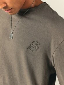 SUMWON Boxy Crop Long-Sleeve Tee With Chest Logo Embroidery Crew Neck Drop Shoulder Casual Everyday Top - Grey - View 5
