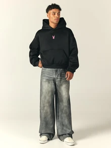 PLAYBOY X SUMWON Crop Fit Not Boyfriend Material Oversized Hoodie With Back Slogan Print And Bunny Logo For Fall Winter Casual Streetwear - Black - View 3