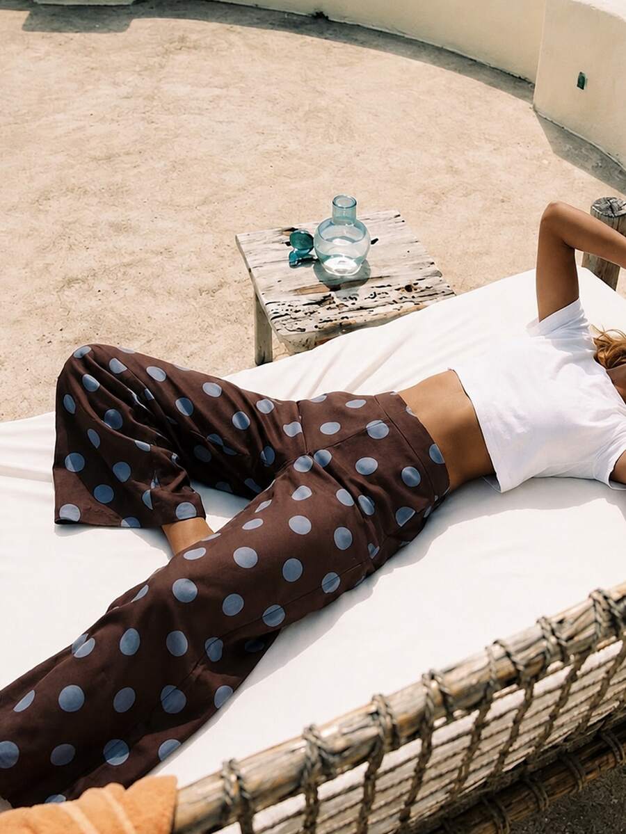 Zerodot Women Brown Polka Dot Pants Casual Daily Fall Pre Fall - Brown - View 1