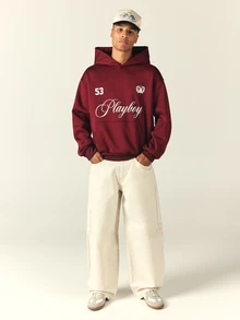 PLAYBOY X SUMWON Oversized Pullover Hoodie With Script Logo Print And Bunny Sheild Graphic On Solid Fleece Long Sleeve Top - Burgundy - View 3
