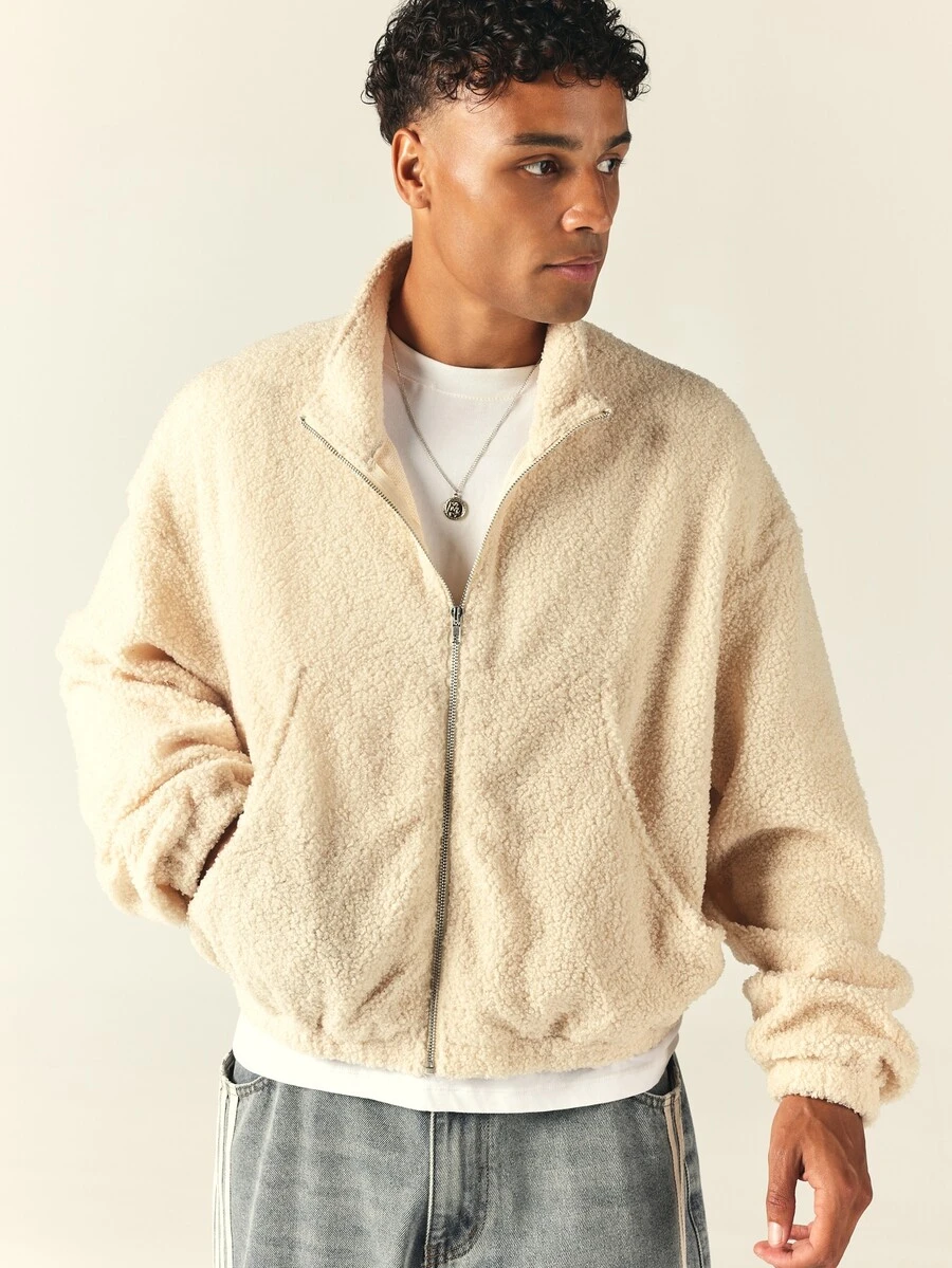 SUMWON Oversized Sherpa Fleece Bomber Jacket Full Zip Teddy Bear Coat With Welt Pockets And Ribbed Cuffs Cozy Winter Outerwear - Apricot - View 1