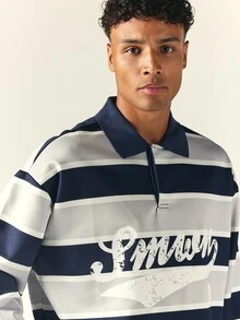 SUMWON Kemeja Polo Rugby Lengan Panjang Longgar dengan Potongan Boxy, Garis Horizontal, dan Logo Grafis Bergaya Vintage di Bagian Dada, Atasan Pullover Berkerah - MultiWarna - View 6