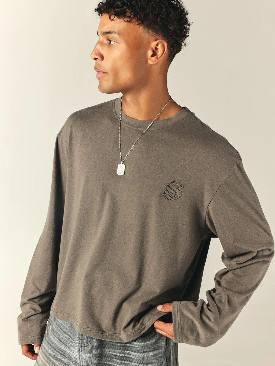 SUMWON Boxy Crop Long-Sleeve Tee With Chest Logo Embroidery Crew Neck Drop Shoulder Casual Everyday Top - Grey - View 1