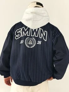 SUMWON Pinstripe Oversized Bomber Jacket With Collegiate Back Graphic Ribbed Hem And Cuffs Full Zip Closure Varsity Style - Blue - View 1