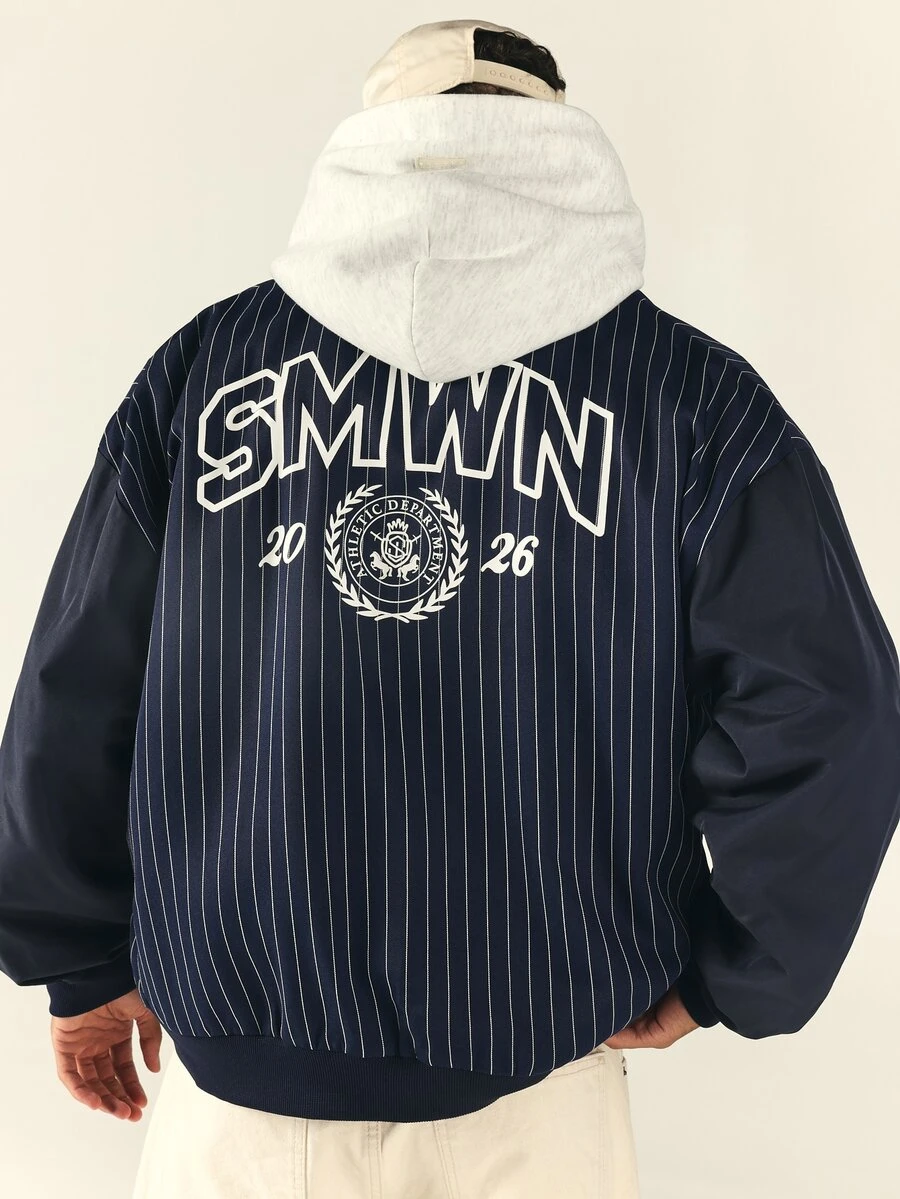 SUMWON Pinstripe Oversized Bomber Jacket With Collegiate Back Graphic Ribbed Hem And Cuffs Full Zip Closure Varsity Style - Blue - View 1