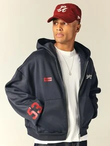 PLAYBOY X SUMWON Full-Zip Oversized Hoodie With Iconic Bunny Logo Back Print And Varsity Script Chest Detail - Navy Blue - View 2
