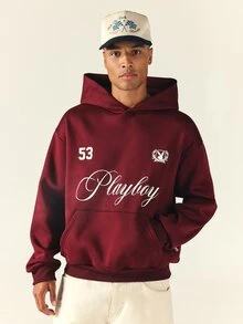 PLAYBOY X SUMWON Oversized Pullover Hoodie With Script Logo Print And Bunny Sheild Graphic On Solid Fleece Long Sleeve Top - Burgundy - View 4