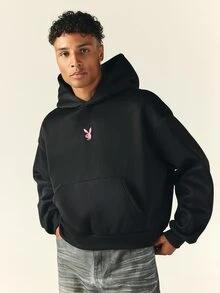 PLAYBOY X SUMWON Crop Fit Not Boyfriend Material Oversized Hoodie With Back Slogan Print And Bunny Logo For Fall Winter Casual Streetwear - Black - View 4