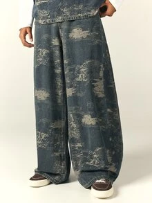 SUMWON Wide Leg Vintage Washed Denim Jeans With Abstract Distressed Pattern Full Length Relaxed Fit Baggy Trousers Fall Winter Streetwear - Blue - View 1