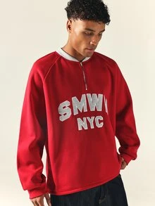 SUMWON Boxy Fit NYC Varsity Applique Half Zip Sweatshirt Oversized Collegiate Pullover Crew Neck Long Sleeve Fall Winter Top - Redwood - View 6