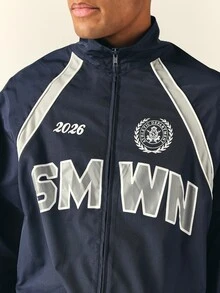 SUMWON Athletic Department 2026 Varsity Windbreaker Jacket With Contrast Silver Stripe Detailing Full Zip Oversized Fit Hip Length - Royal Blue - View 5