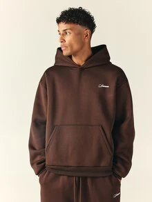 SUMWON Oversized Pullover Hoodie With Script Logo Embroidery Centre Pocket Long Sleeve Autumn Winter Casual Streetwear - Brown - View 4