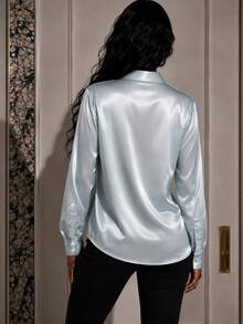 Zerodot Women Powder Blue Satin Elegant Blouse Party Going Out Fall Pre Fall - Baby Blue - View 2