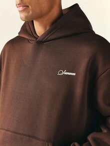 SUMWON Oversized Pullover Hoodie With Script Logo Embroidery Centre Pocket Long Sleeve Autumn Winter Casual Streetwear - Brown - View 6