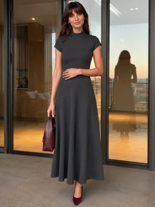 OverBlushhh Women's Grey Mock Neck Long Dress, Elegant, Office, Business, Workwear, Fall - Dark Grey - View 1
