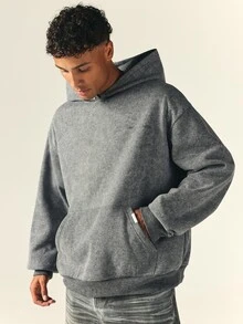 SUMWON Crop Fit Oversized Washed Hoodie With Full Back Humorous Slogan Print Centre Pocket Dropped Shoulder Long Sleeve Casual Winter Pullover - Grey - View 2