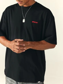 SUMWON Oversized Crew Neck Short Sleeve Tee With Distressed Speak To My Agent Back Slogan Print And Chest Logo - Black - View 6