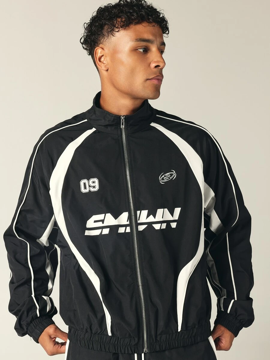SUMWON 09 Windbreaker Jacket Full Zip Mandarin Collar White Contrast Panel Piping Long Sleeve Hip Length Regular Fit - Black and White - View 1