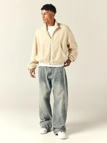 SUMWON Oversized Sherpa Fleece Bomber Jacket Full Zip Teddy Bear Coat With Welt Pockets And Ribbed Cuffs Cozy Winter Outerwear - Apricot - View 3